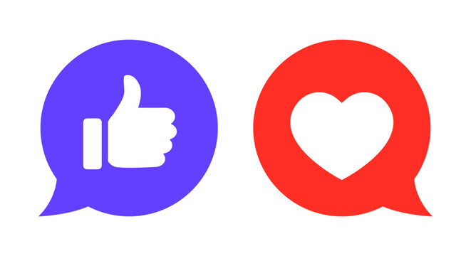 Speech bubble with like and love icon vector in flat style. Social media reaction sign symbol