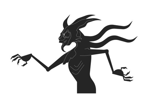Walking scary monster with horns and tentacles black and white 2D line cartoon character. Demon creature with gills isolated vector outline personage. Mythological monochromatic flat spot illustration