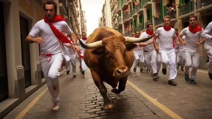 Poster Runners in Encierro, Running of bulls in Pamplona, Spain. Bull running in Pamplona. Traditional San Fermin festival where participants run ahead of charging bulls through the streets to bullring © Sasint