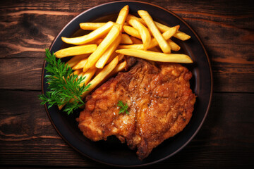 Breaded German wiener schnitzel with French fries on the wooden background, top view