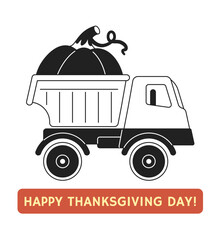 Fall harvest pumpkin truck black and white 2D illustration concept. Old retro car isolated cartoon outline object. Delivery vegetable. Autumn countryside farm metaphor monochrome vector art