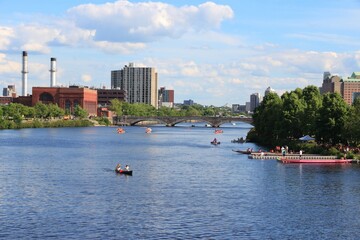 Cambridge Massachusetts summer skyline with Charles River. Western Avenue Bridge.