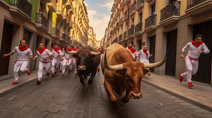 Fototapeten Runners in Encierro, Running of bulls in Pamplona, Spain. Bull running in Pamplona. Traditional San Fermin festival where participants run ahead of charging bulls through the streets to bullring © Sasint
