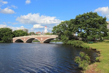 Cambridge, Massachusetts. Harvard University campus with Charles River bridge (Anderson Memorial...