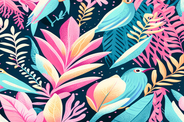 Seamless pattern with tropical leaves, birds and flowers.
