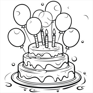 Birthday cake and balloons drawing for coloring book for kids 