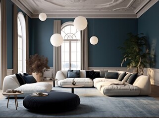 Fabulous interior design of living room with modern furniture, wooden details and luxurious finishings, carpet, decor and drapes