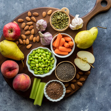 A round wooden board topped with healthy whole foods.