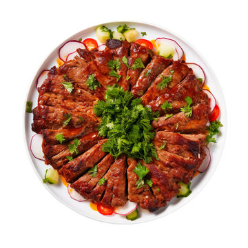 Top view of Turkish Iskender Kebab isolated on a white transparent background