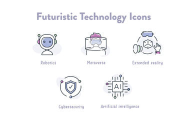 Explore the future with this collection of cutting-edge technology icons. From robotics to metaverse, these symbols represent the forefront of innovation and digital advancement.