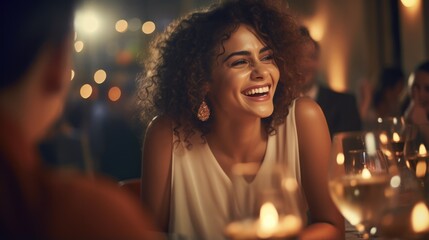 Beautiful woman enjoying while having dinner with friends at night party.
