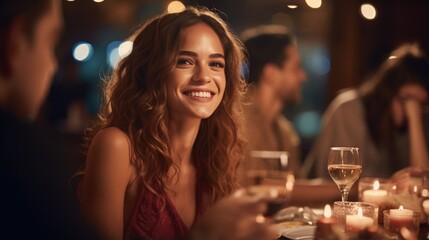 Beautiful woman enjoying while having dinner with friends at night party. - obrazy, fototapety, plakaty