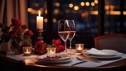 Fototapeta na wymiar Table setting for romantic dinner for valentines in restaurant with light bokeh