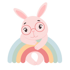 Obraz premium Vector illustration of a pink rabbit lying on a pastel rainbow, isolated on a white background. Children's illustration in a simple minimalist style for prints and logos.