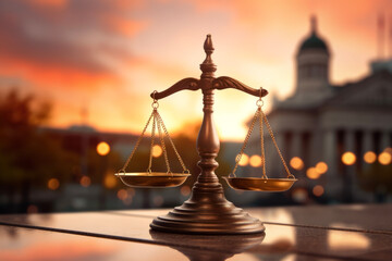 Close up of law scales balance on reflective surface in blurred court. Justice or judgment law concept. - obrazy, fototapety, plakaty
