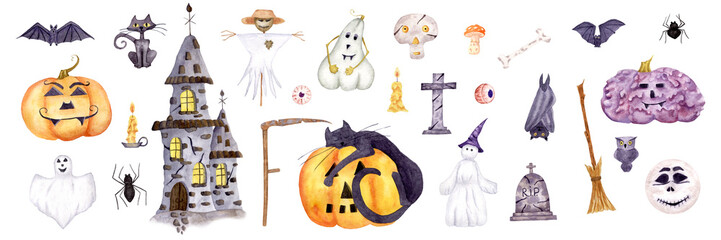 Watercolor Halloween set of elements. A castle, a black cat, ghosts, bats and a broom. Tombstone and pumpkins. Many elements for creating postcards, stickers and banners.