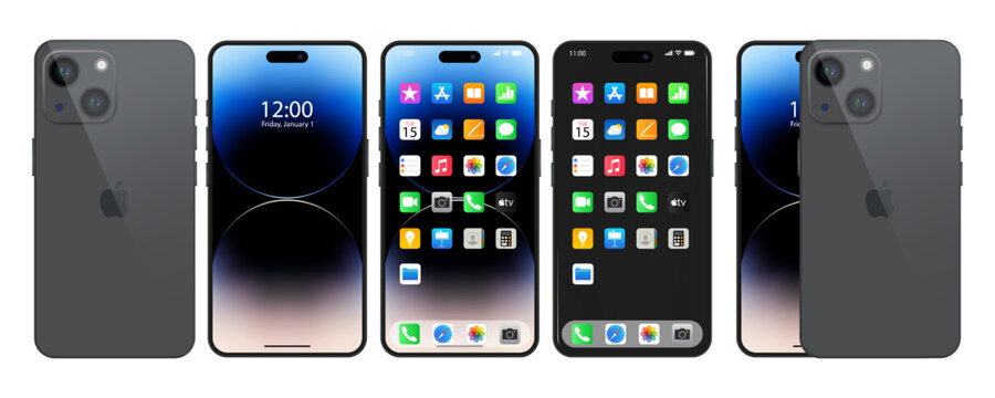 New black, gray Iphone 15. Apple inc. smartphone with ios 17. Locked screen, phone navigation page, home page with 47 popular apps. Official presentation. Editorial.