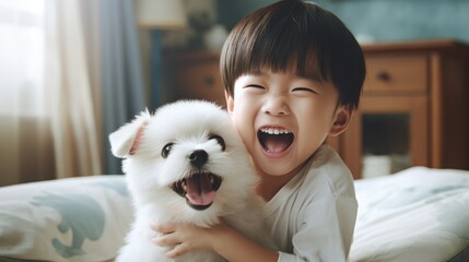 Happy asian kid with dog playing at home, Friendship and loyalty. - obrazy, fototapety, plakaty