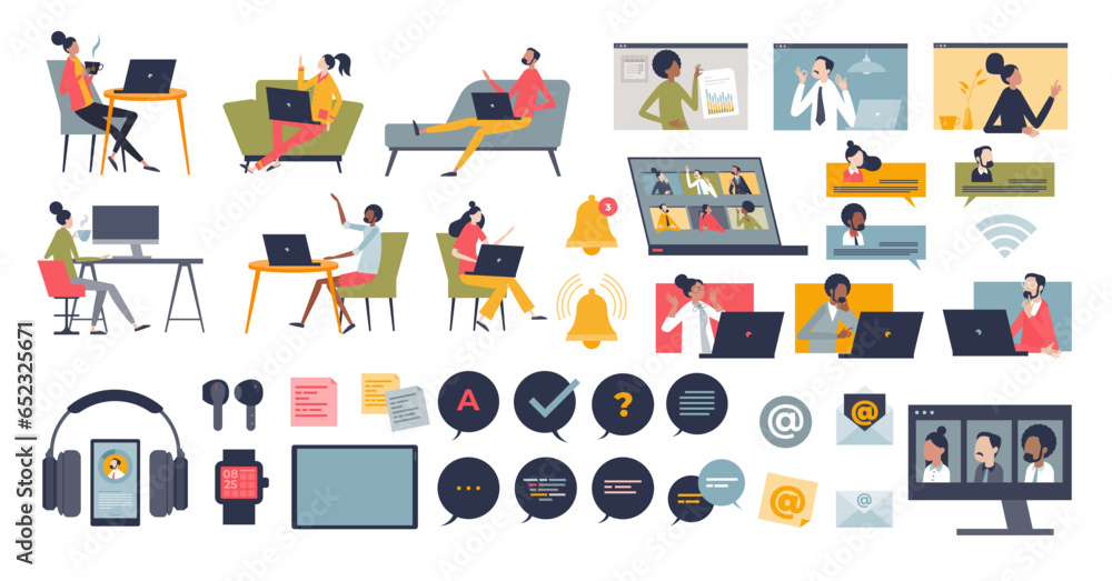 Poster digital communication and remote online work tiny person collection set, transparent background. ele
