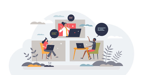 Diverse faces of remote work for distant collaboration tiny person concept, transparent background. Various environments and characters for professional online conversation illustration.