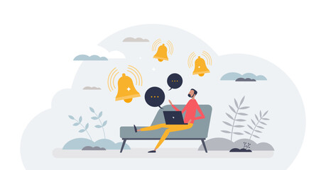 Daily notifications and focus mode to avoid distraction apps tiny person concept, transparent background. Loud alarms for appointments, news and agenda receiving illustration.