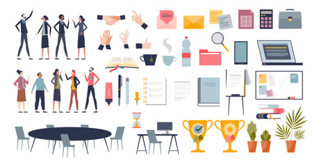 Corporate office elements and workspace stationary tiny person collection set, transparent background. Business employees character items with professional desk stuff illustration.