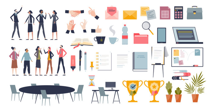 Corporate office elements and workspace stationary tiny person collection set, transparent background. Business employees character items with professional desk stuff illustration.