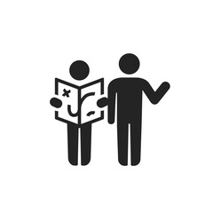 People looking at a map, icon, travelers, tourism. Monochrome black and white symbol