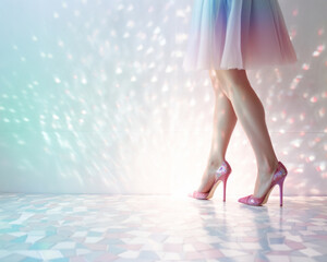 At the glittering disco ball of the party, a woman wearing a stunning dress and elegant high heels...