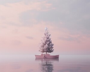 On a crisp winter day, a pink boat sails across a glassy lake with a tall, majestic christmas tree...