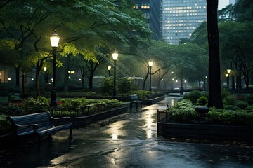 Panorama of city park at rainy weather. Generative AI.
