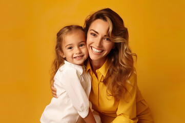 Photo of mother with daughter on yellow background