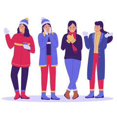 Fototapeta premium Group of woman people in winter clothes. Winter people collection. Flat design illustration