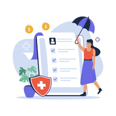 Health insurance vector illustration concept. Health insurance form on clipboard. Woman holding umbrella protection. Flat design illustration