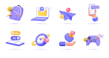 3d Business icon set. Trendy illustrations of Backpack, Email Reminder, Seo, Subscribe, App Development, Newsletter, Time management, Gaming, etc. Render 3d vector objects