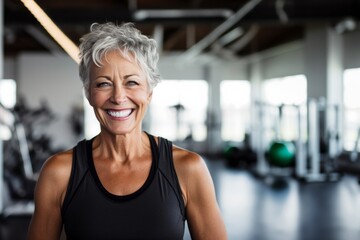 Portrait of a happy senior woman posing isolated in fitness studio. - obrazy, fototapety, plakaty