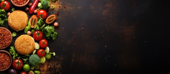 Obraz na płótnie Canvas Vegan burger meal with veggies on rustic table