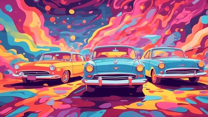 Flat Cartoon Illustration of Cars in a Vibrant Vector Style  - obrazy, fototapety, plakaty