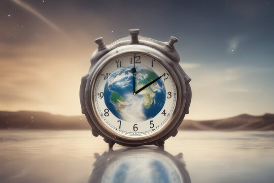 Clock ticking over planet Earth global warming, environment concept, generative ai	