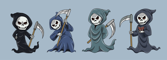 Vector images of cute and scary grim reaper are available in the bundle for halloween
