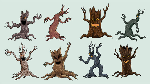 Vector images of cute and scary monster tree are available in the bundle for halloween 