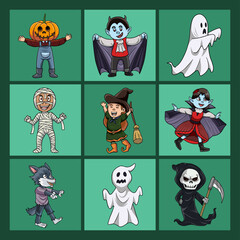Vector images of cute and scary Halloween monsters are available in the bundle