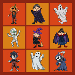Vector images of cute and scary Halloween monsters are available in the bundle