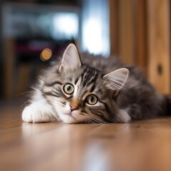 Naklejka na ściany i meble Portrait of cute fluffy kitten lying on floor at home.