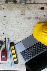Fototapeta premium engineer table tools no one person on wooden table