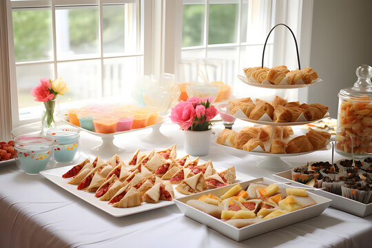 An abundance of sweet and salty pastries at a lively party on a beautifully decorated table. Pastels show bright colors and a variety of shapes. From triangles stuffed with cheese to stuffed with choc