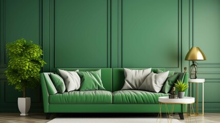 Interior of living room with green sofa
