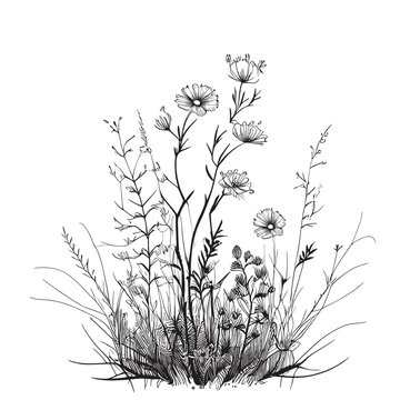 Field of wildflowers sketch , hand drawn in doodle style illustration