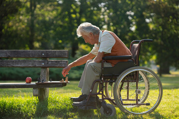A senior man in a wheelchair with chess on bench is alone in a city park, feeling lonely. Elderly...