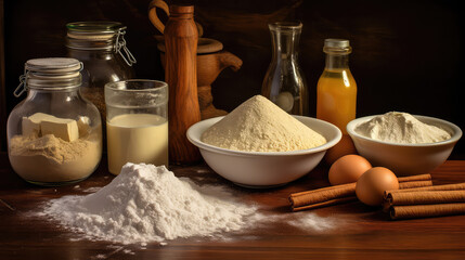Rustic composition for baking. Ingredients for dough on wooden counter - flour, eggs, sugar. 